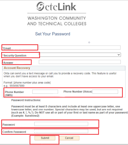 On this next page, enter the email you would like to use as your primary email. This can either be your go.shoreline.edu email, or a different email. Either way, make sure you have continued access to that email. Then choose a security question from the list and type in your answer. We encourage you to provide a phone number for account recovery, so please enter your phone number in either the SMS or Voice phone number field. Finally, create a password and enter it in both password fields. Then click "Submit".