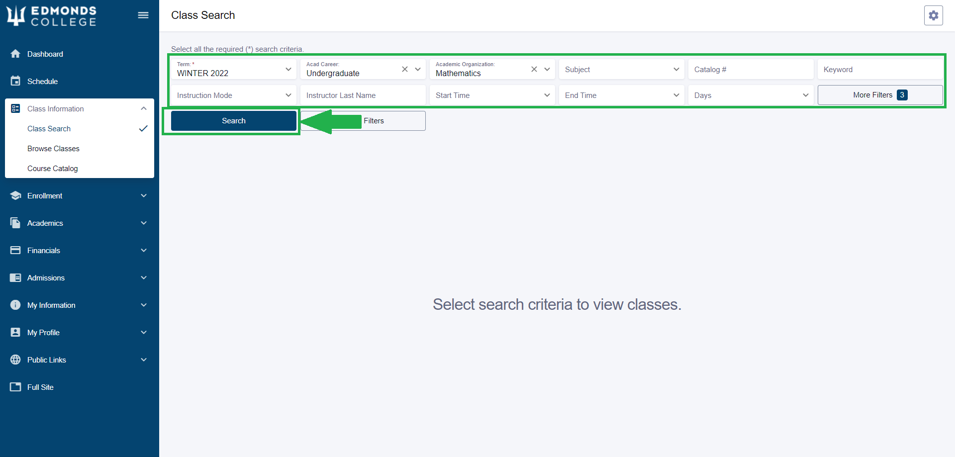 On the search page, fill in your filters and click "Search".
