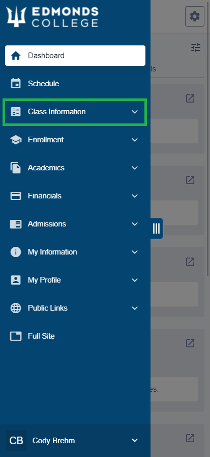 First, tap "Class Information" in the sidebar menu.