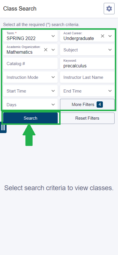 On the search page, fill in your filters and tap "Search".