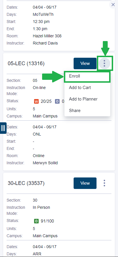 Once you've found the class you're looking for, tap the three dot icon next to the "View" button. In the menu that appears, tap "Enroll".