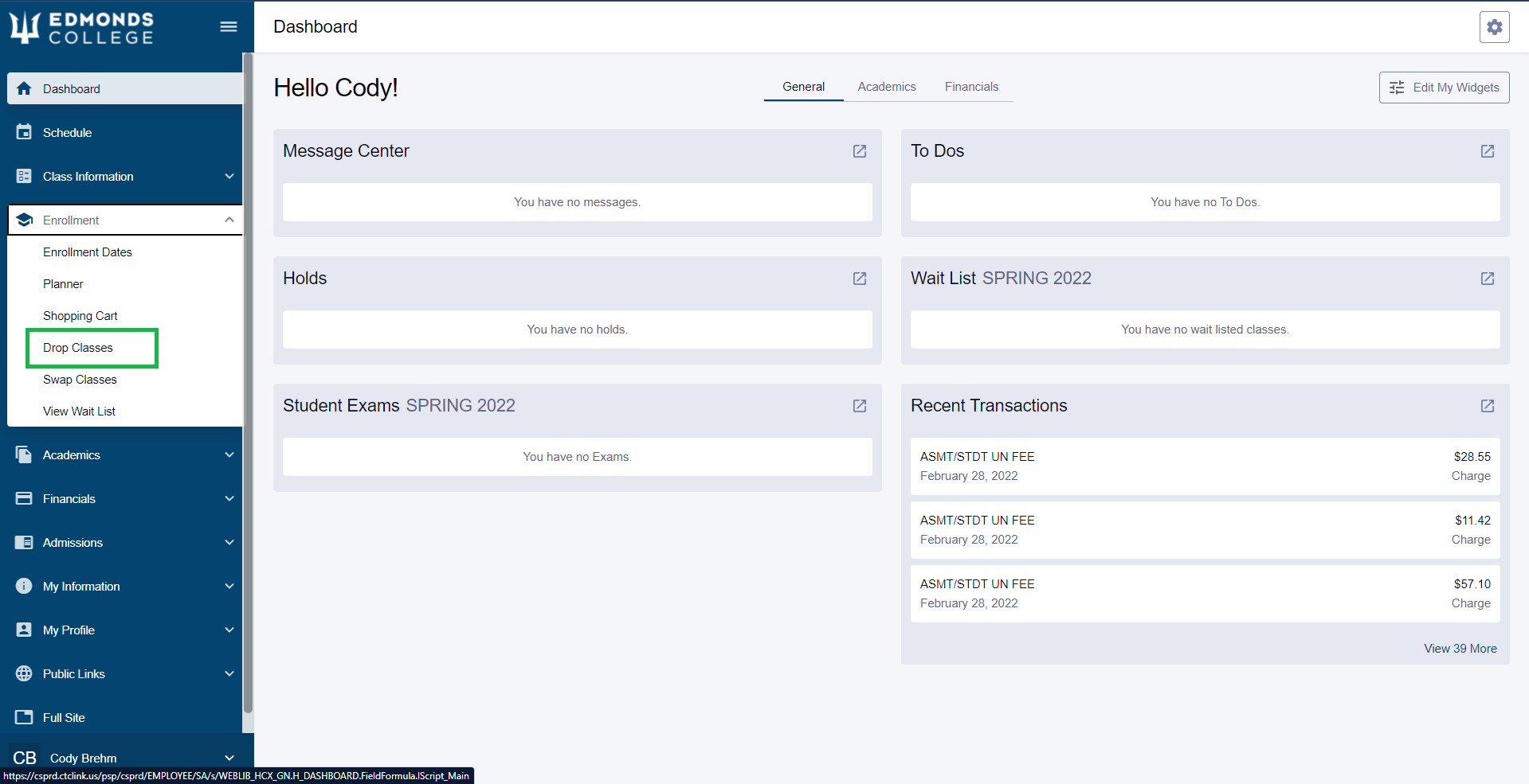 In the "Enrollment" submenu, click "Drop Classes".