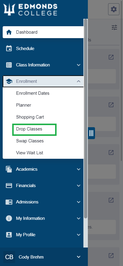 In the "Enrollment" submenu, tap "Drop Classes".