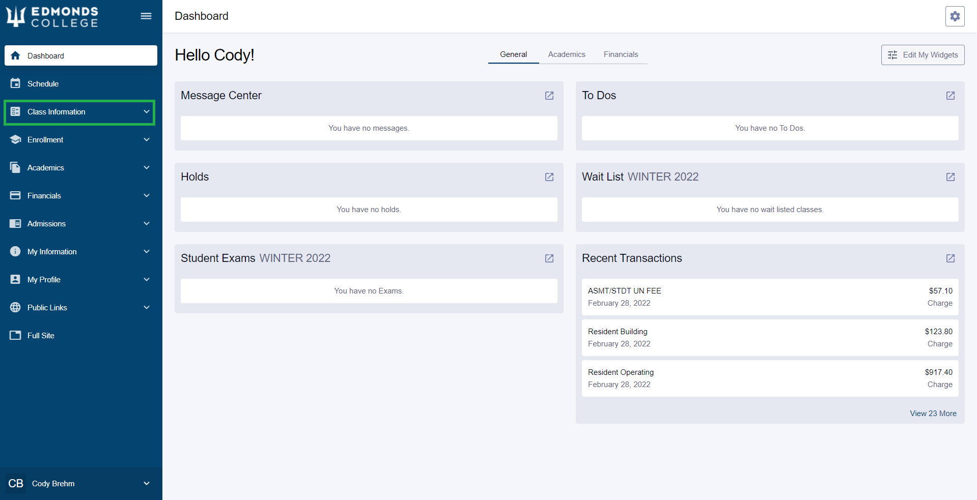 After logging into ctcLink, open the sidebar menu and click "Class Information".