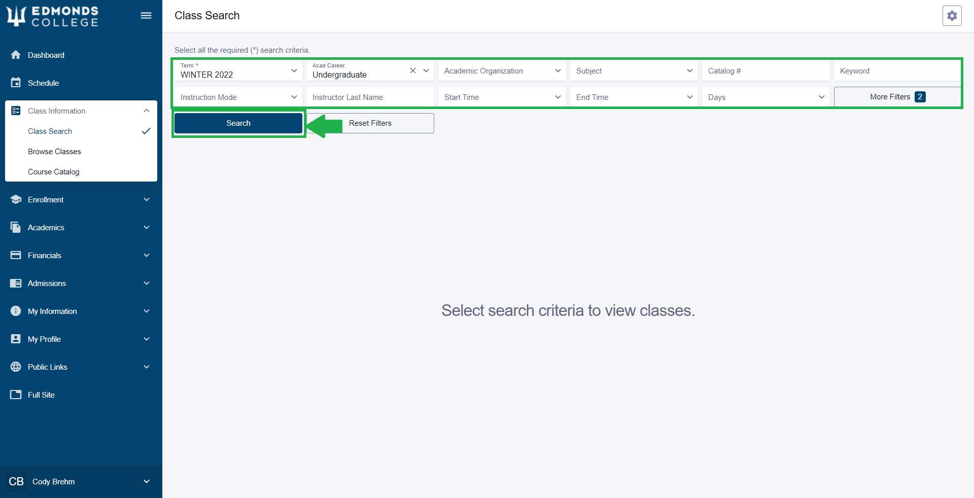 Next, set your filters for the class you are trying to find. Once your filters are set, click "Search".