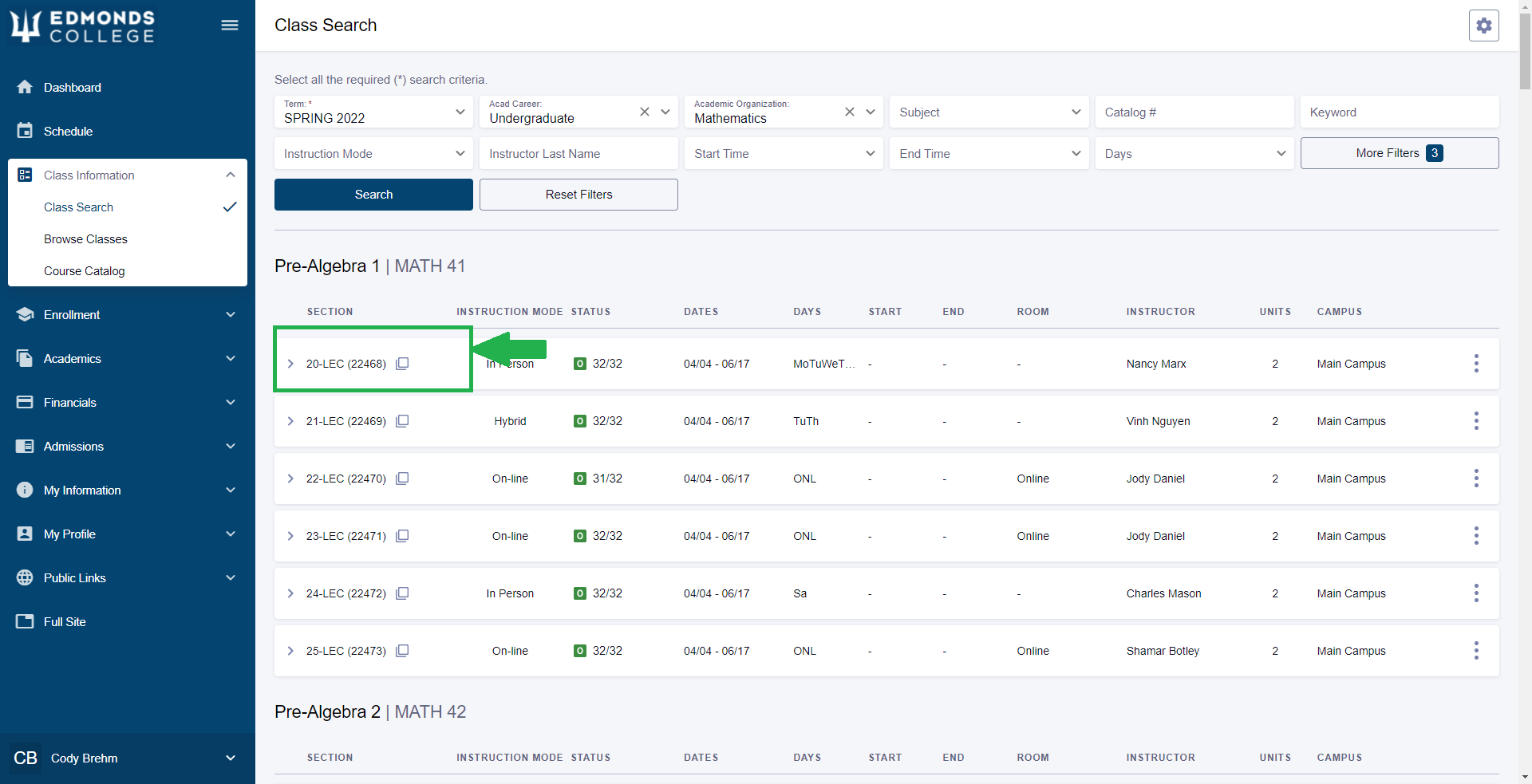 Next, click the "section" of the class you're looking for.