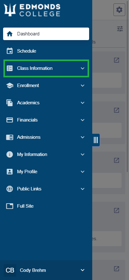 After logging into ctcLink, open the sidebar menu and tap "Class Information".