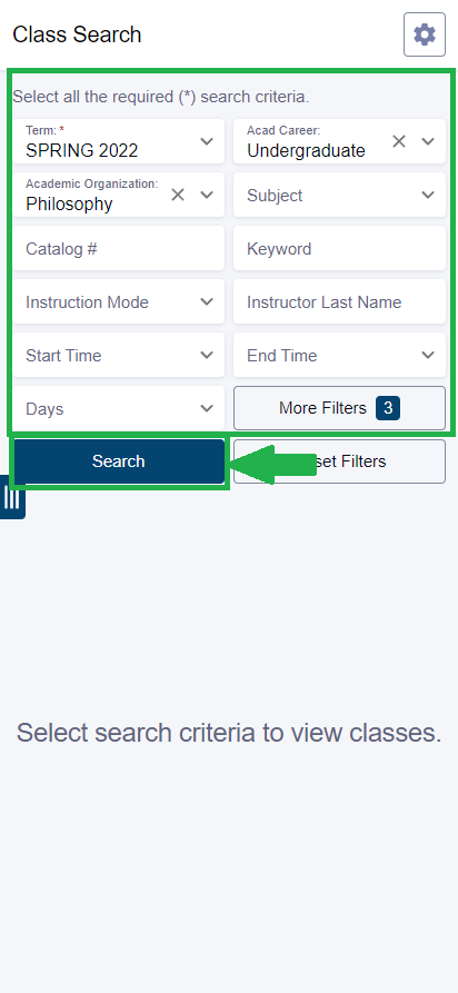 Next, set your filters for the class you are trying to find. Once your filters are set, tap "Search".