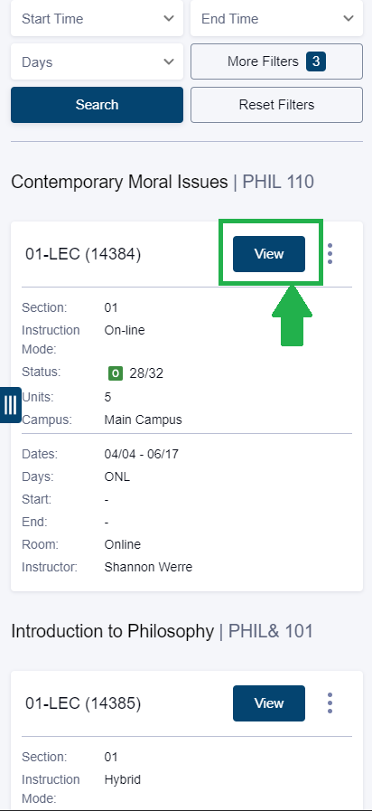 Next, find the "section" of the class you're looking for and tap "View".