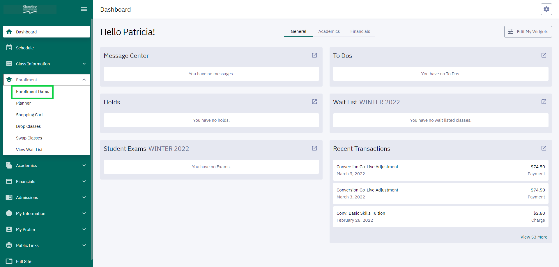 Click Enrollment Dates under the Enrollment menu item