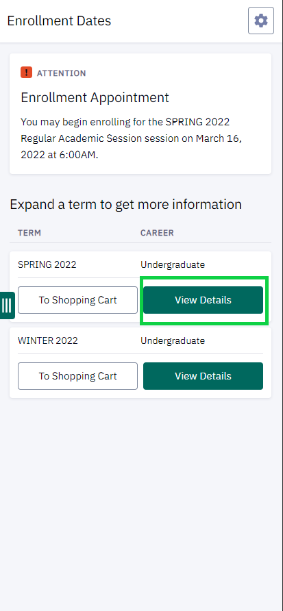 click view details on the term you would like to view your enrollment dates for