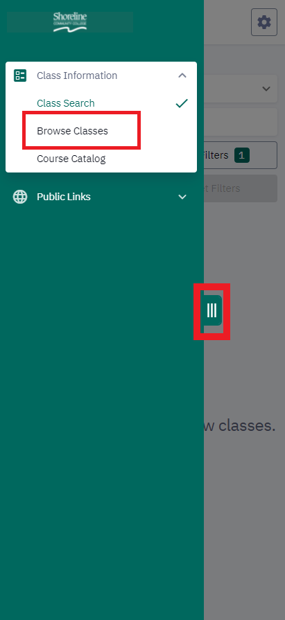 From the "Class Search" page, open the sidebar menu and tap "Browse Classes".