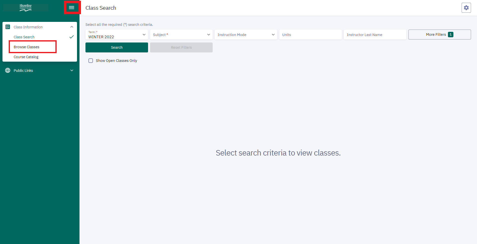 From the "Class Search" page, open the sidebar menu and click "Browse Classes".