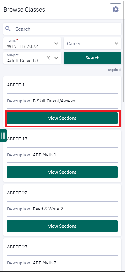 Once you've found the class you're looking for, tap "View Sections" to view sections for that class.