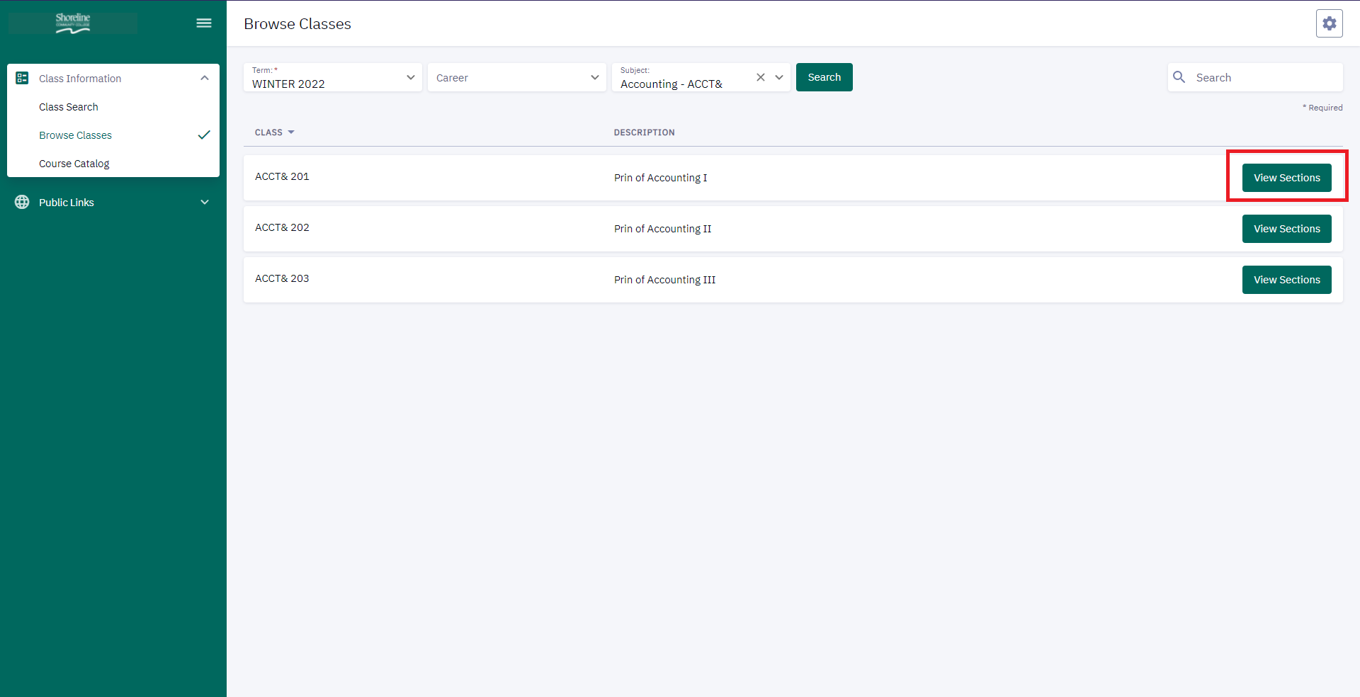 When you've found the class you're looking for, click "View sections" on the right side of the page to view sections for that class.