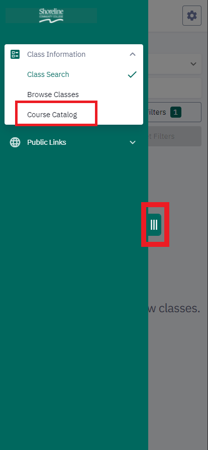 From the "Class Search" page, open the sidebar menu and tap "Course Catalog".