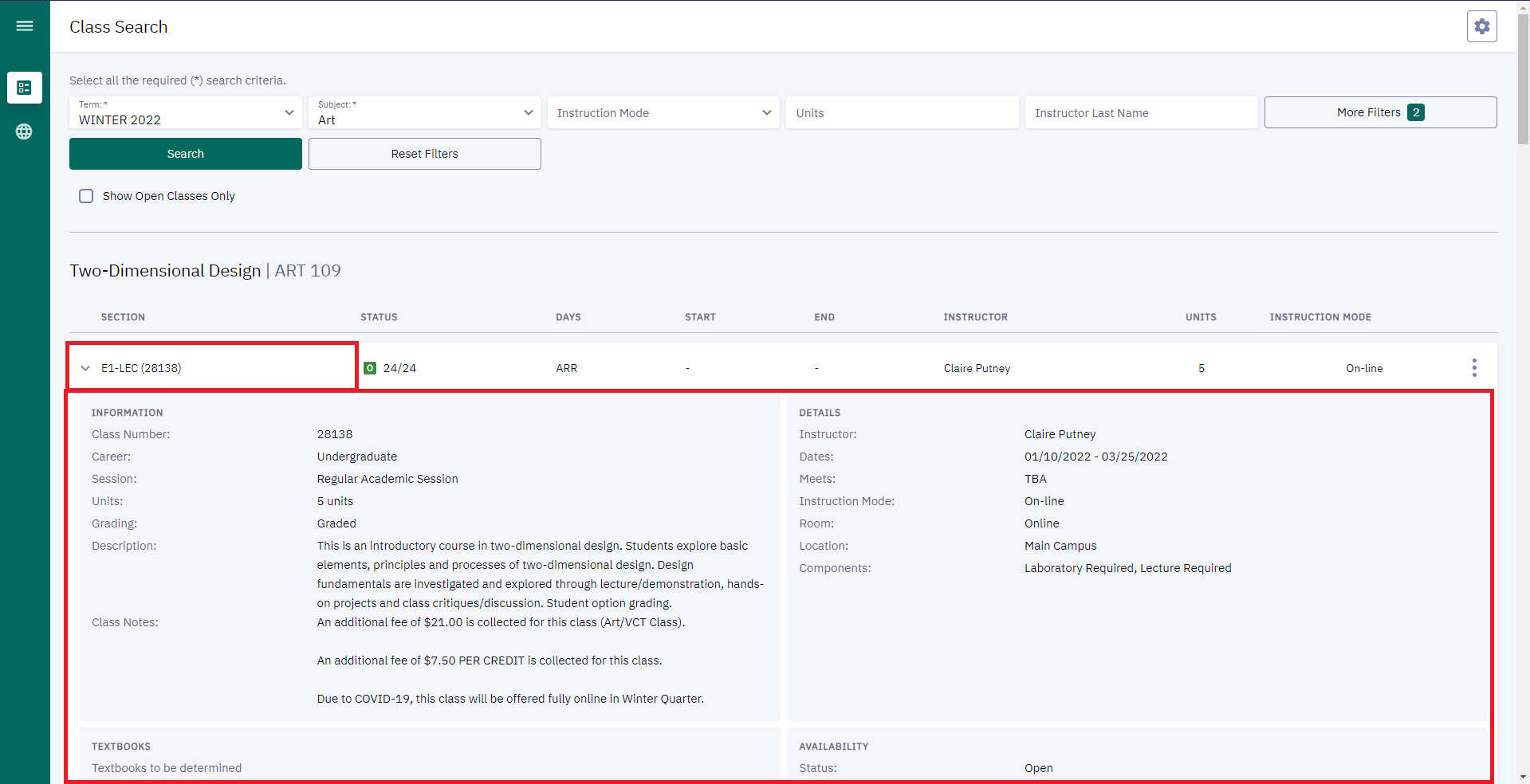From here, you can click on the Section ID to see more information about that class.