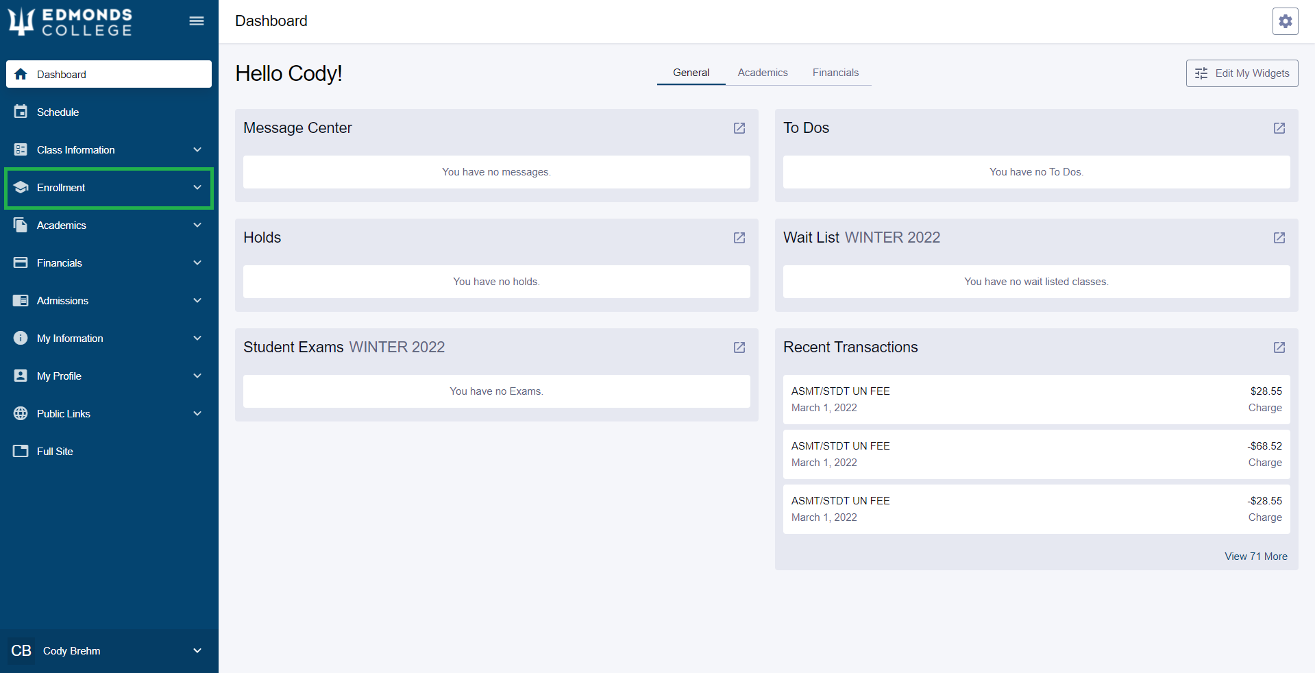 First, login to ctcLink. Then, open the sidebar menu and click "Enrollment".