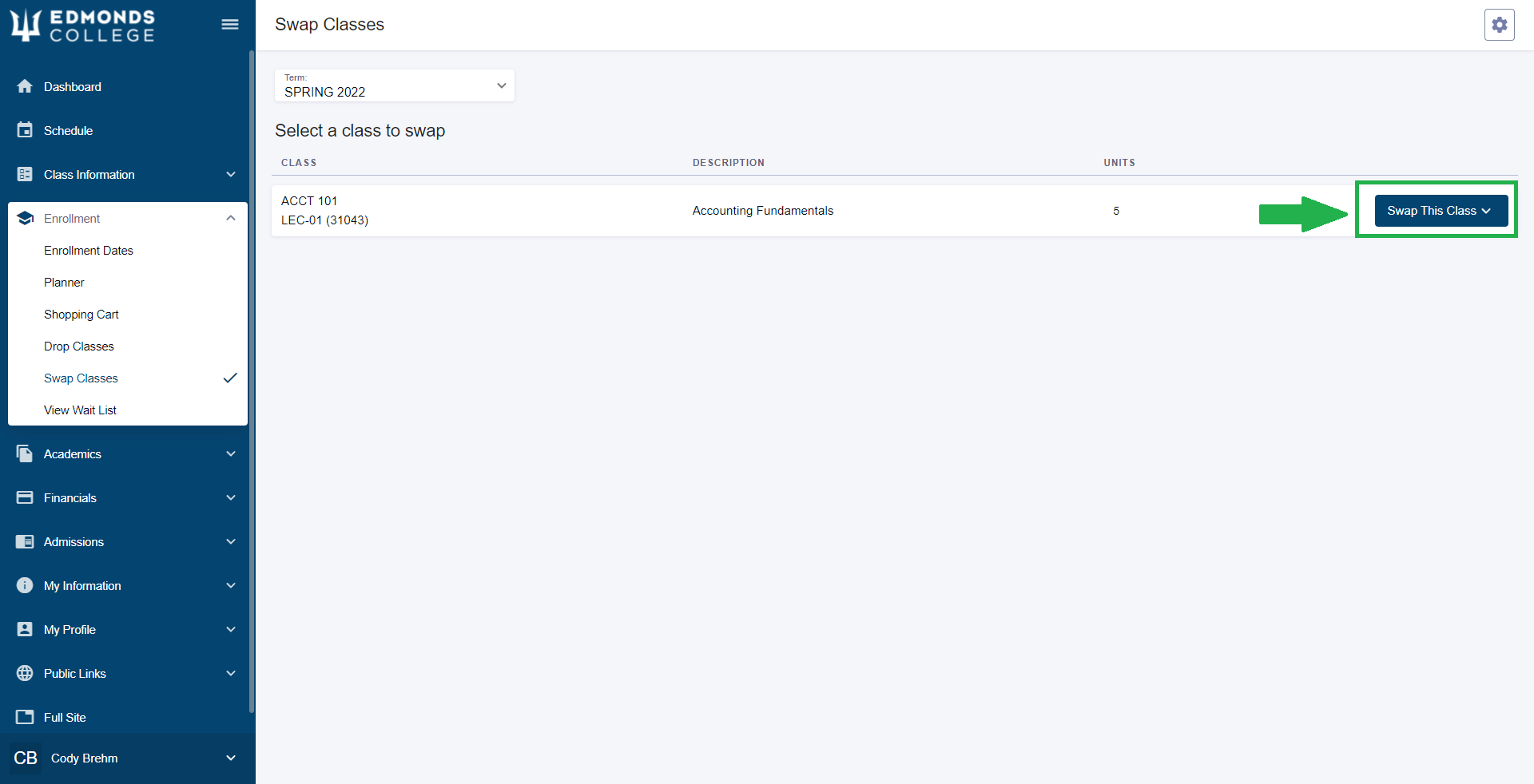 Next, find the class you would like to swap and click "Swap This Class" on the right hand side of the page.