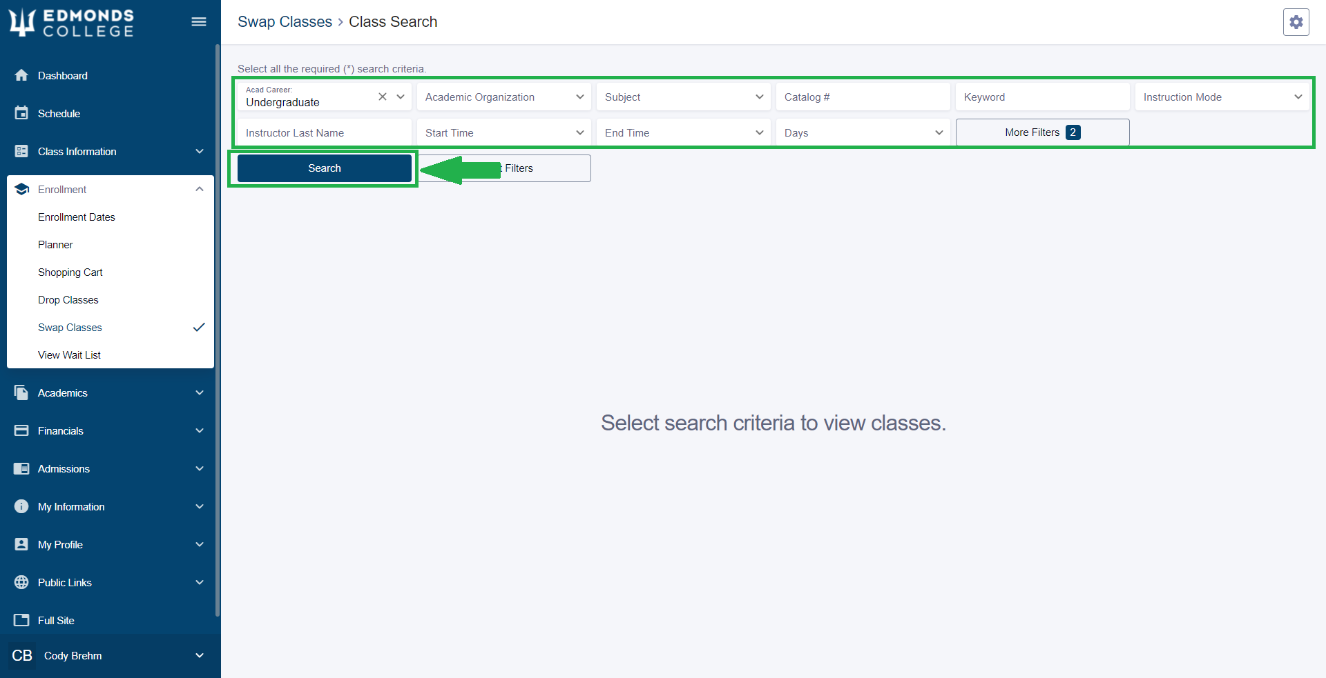 If you choose to swap with Class Search, it will bring you to the standard class search interface. Set your filters then click "Search".