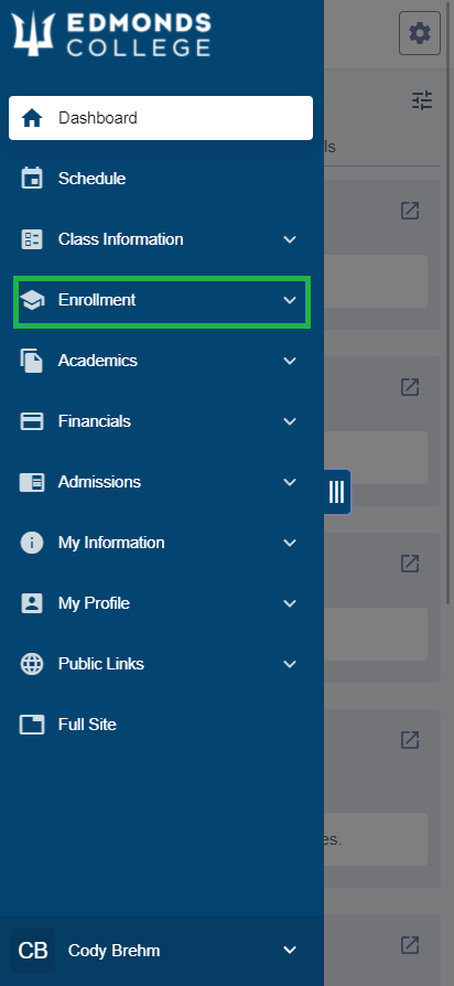 First, login to ctcLink. Then, open the sidebar menu and tap "Enrollment".