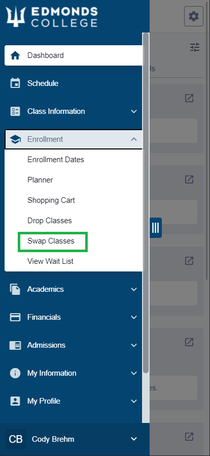 In the "Enrollment" submenu, tap "Swap Classes".