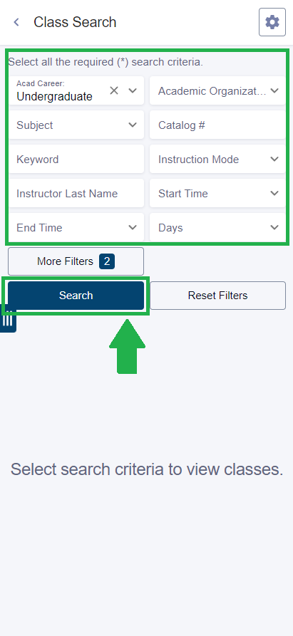 If you choose to swap with Class Search, it will bring you to the standard class search interface. Set your filters then tap "Search".