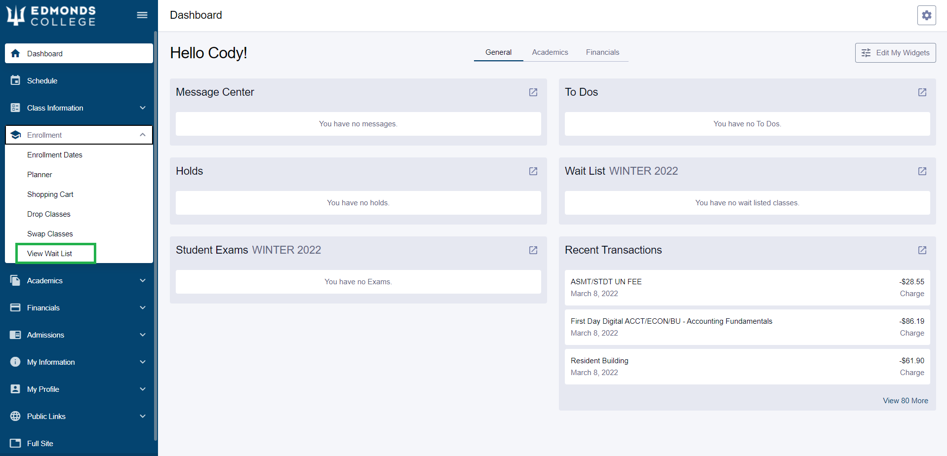 Next, click "View Wait List" in the "Enrollment" submenu.