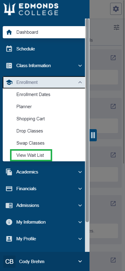 Next, tap "View Wait List" in the "Enrollment" submenu.